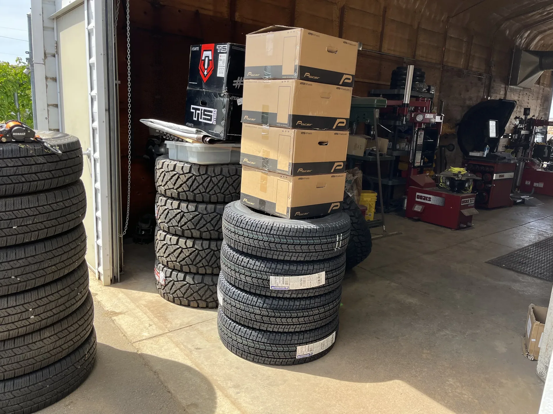 Tire inventory inside the BD Fabrication Medford shop